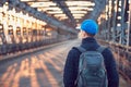 Tourist on the old iron bridge Royalty Free Stock Photo