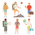 Tourist. Outdoor characters travellers hiking backpacker vector peoples adventure collection