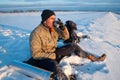 Tourist over a Cup of hot tea watching the sunset, coffee on a winter day, adventure Concept outdoor activities. Winter