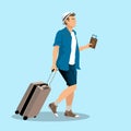 A tourist with passport and traveling luggage isolated on blue background