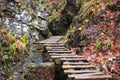 Tourist path made from wooden ladders between cliffs in Slovakia