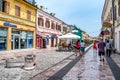 Tourist pedestrian Rruga Kole Idromeno street in Shkodra. Alley with colorful old buildings in