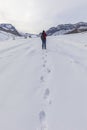 Tourist photographing snow-capped mountains