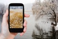 Tourist photographs of Hudson river in snowing Royalty Free Stock Photo