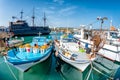 Tourist `Pirate Ship` and moored fishing boats in harbour at Ayia Napa. Famagusta District. Cyprus Royalty Free Stock Photo