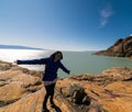 A tourist poses by Lake Viedma. Patagonia, Argentina Royalty Free Stock Photo