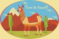 Tourist poster with llama, mountains, cactus. Motivational inscription: Time to travel Stylized animal character of South America Royalty Free Stock Photo