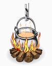 Tourist pot of food on a fire