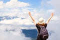 Tourist With Raised Hands On The Top Of The Mountain, Travel And Hiking, Freedom And Energy