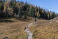 Tourist reading track sign at Lake O\'Hara alpine route in autumn. Yoho National park. Canadian Rockies Royalty Free Stock Photo