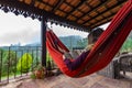 Tourist relaxing in hammock.