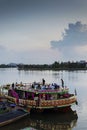 Tourist restaurant boats at riverside in central kampot town cam