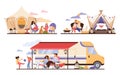 Tourist resting in glamping scenes collection, flat vector illustration isolated.