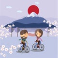 Tourist ride a bicycle at Fuji mountain Japan