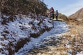 Tourist ride yak with tamer who pull and control him to walk to the mountain with snow on yellow clay in winter in Tashi Delek