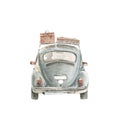 Tourist rides a small car with suitcases. watercolor illustration