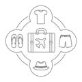 Tourist`s suitcase contents linear icons set