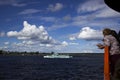 tourist sailing on a ferry along the Neva River to Shlisselburg and the Oreshek fortress