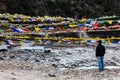 Tourist see Tibetan prayer flags waving and swaddled with trees an mountain in sideway over frozen river at Thangu and Chopta.