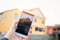 Tourist Selfie photo shadow of yellow old house at Walking on streets of Hoi An, Hoi An is culture, heritage UNESCO World Royalty Free Stock Photo