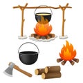 Tourist set. Color images of campfire, firewood and of bowler on white background. Camping and hikings. Vector illustrations