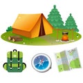 Tourist set. Color images of tourism tent with campfire, of backpack, map and compass on white background. Camping and hikings.