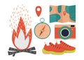 Tourist set. Compass, terrain map, sneakers, fire, camera isolated on white background. Flat vector illustration in old Royalty Free Stock Photo