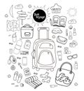 Tourist set. Doodle linear drawings of luggage for tour and vacation. Things are all necessary for a person to travel