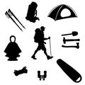 Tourist set. Logo hiking, sleeping bag, thermal underwear, glasses, trekking poles. Adventure travelers walking outdoors Royalty Free Stock Photo