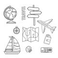 Tourist set. Travel set of doodles. Transport, map, globe and documents on a white background line. All in isolation Royalty Free Stock Photo