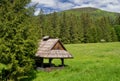 Tourist shelter in Crmne meadow over Horna Lehota village in Low Tatras mountains