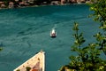 The tourist ship approaches the pier. View from above Royalty Free Stock Photo