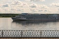 Myshkin, Russia, July 9, 2023. A tourist ship approaches the city pier.