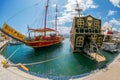 Tourist ships imitating pirate ships, Hersonissos, Crete, Greece