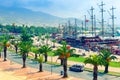 Tourist ships stylised as ancient brigantines stand in the pier of Alanya harbor