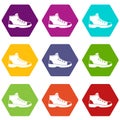 Tourist shoe icon set color hexahedron