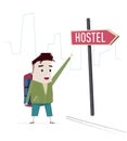 Tourist shows sign Hostel in the street Royalty Free Stock Photo