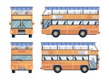 Tourist or sightseeing bus, front, back and side view. Double decker