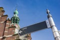 Tourist sign in front of the historic town hall of Purmerend