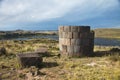 Tourist at the Silustani tombs in the peruvian Andes at Puno Peru Royalty Free Stock Photo