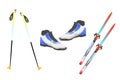 Tourist skis, ski poles and boats