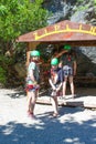 Tourist sliding on a zip line in the canyon of Harmony, near the town of Goynuk and Antalya