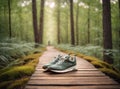Tourist sneakers on a wooden path in the forest.