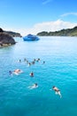 Tourist snorkeling on blue clear water at koh chang island trat