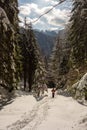 Tourist on a snowy mountain path in Piatra Mare Mountains