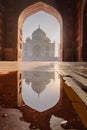 tourist standing in front entrance gate of Taj Mahal indian palace. Islam architecture. Door to the mosque Royalty Free Stock Photo