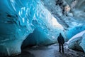 A tourist is standing in an icy, crystal clear cave