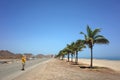 Tourist standing on road and taking photo of palm trees and sandy beach Royalty Free Stock Photo