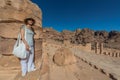 Tourist standing roman temple in Nabatean city of Petra Jordan Royalty Free Stock Photo
