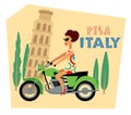 Tourist sticker. Girl in retro dress on a motorcycle on the background of the Leaning Tower of Pisa. Italy. Pisa